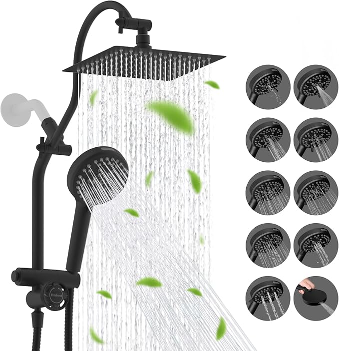 Hibbent cUPC Certified All Metal 8" Rainfall Showerhead Combo, High Pressure Shower Head with 10-Spray Handheld, Innovative 4-way Diverter with Pause Mode, 71'' Shower Hose & Holder, Matte Black