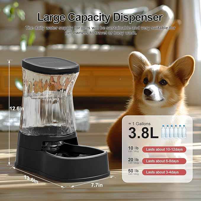 Gardner Pet Automatic Dog Water Dispenser Gravity Stainless Steel Water Waterer Feeder, 100% BPA-Free Large Capacity Water Feeding Bowls for Medium & Large-Sized Dogs Cats Other Pets -(1 Gallon)