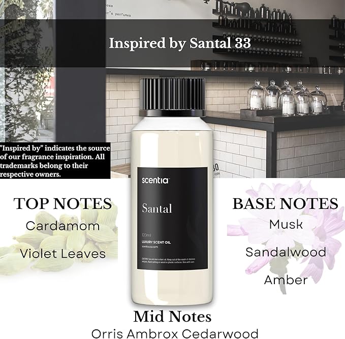 Santal Diffuser Oil 120ml – Luxury Santal-Inspired Oil – Cedarwood, Amber, Musk, Vanilla – Essential Oil Blend for Large Rooms, Cold-Air Diffusers, HVAC & Ultrasonic Use