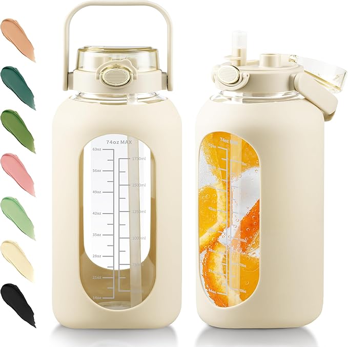 SIEROZUR 64 oz Glass Water Bottle with Straw and Handle Lid Half Gallon Motivational Glass Bottle with Silicone Sleeve and Time Marker Large Reusable Sports Water Jug for Gym Home Workout