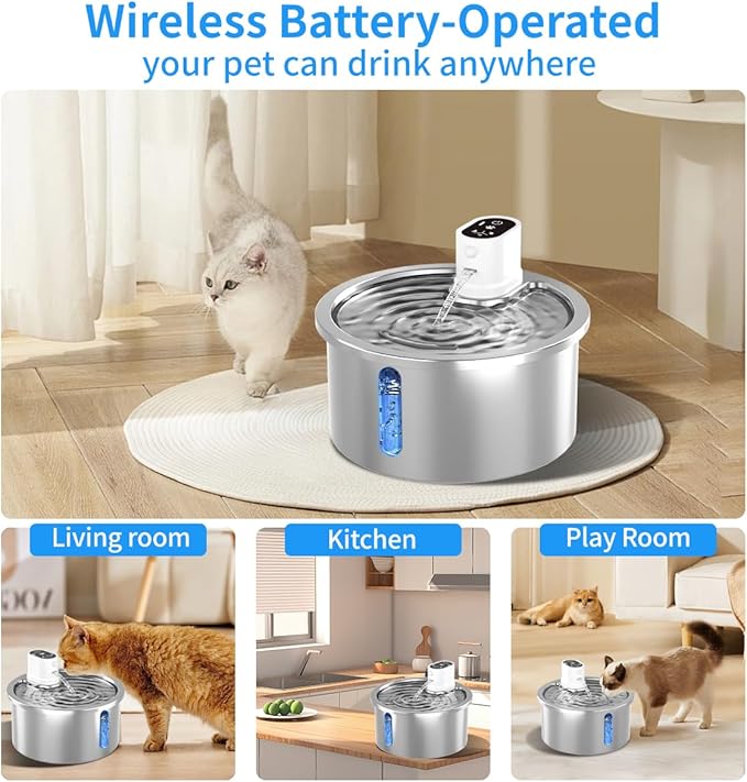 Stainless Steel Wireless Cat Water Fountain 3.2L/108oz Automatic Cat Water Dispenser 4000mAh Battery Operated Large Capacity Pet Water Fountains for Cats Dogs (Black Classic)