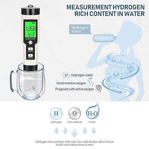 Hydrogen Water Tester 4 in 1 PH,H2,ORP&Temp,pH Meter ORP Meter Hydrogen Tester for Water with ATC & Backlight,Accurate Hydrogen Water ppb/ppm Meter