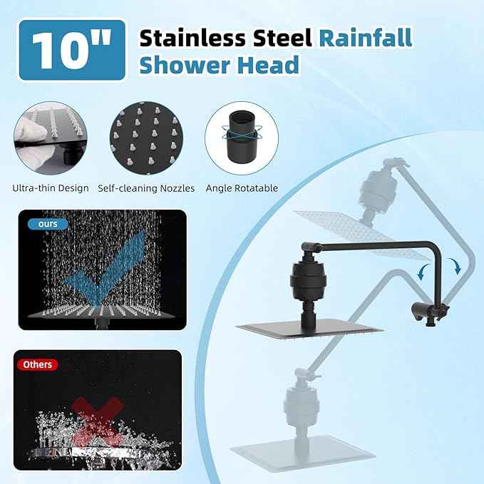 Filtered Shower Head, 10" High Pressure 10-Spray Handheld/Rainfall Shower Head Combo with 20 Stage Shower Filter, 11" Shower Extension Arm, 71" Hose, Shower Head Holder, Matte Black