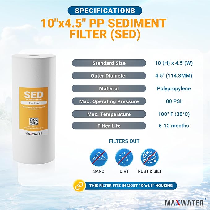 Max Water 5 Micron 10 x 4.5 inch Whole house Sediment Water Filter - Well Water Sediment Filter Replacement Cartridge for DGD-5005, AP810, WFHD13001B (4 Pack)