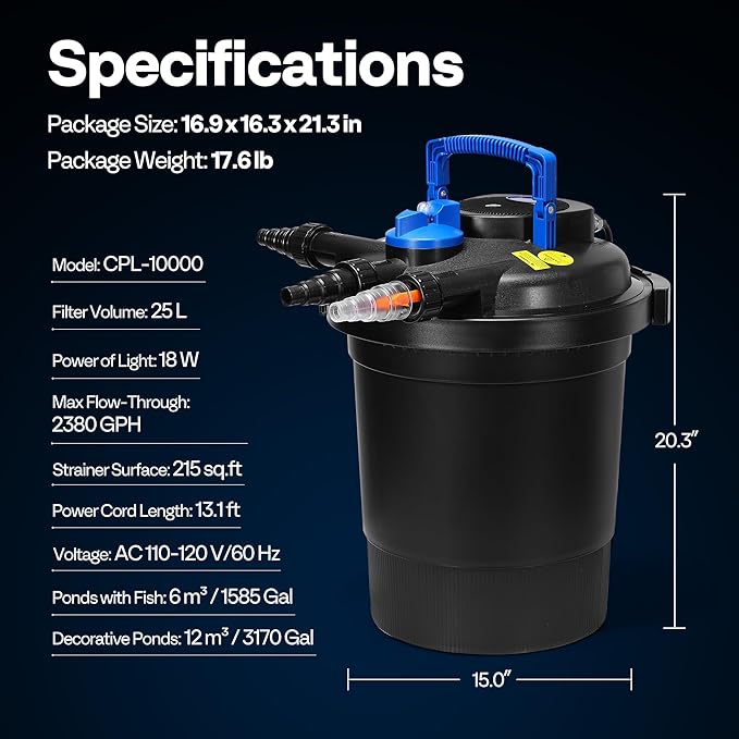 VIVOHOME 2380GPH Bio Pressure Pond Filter with 18W Light, Multi-Size Adapters for Koi Ponds up to 1585 Gallons or Ornamental Ponds up to 3170 Gallons