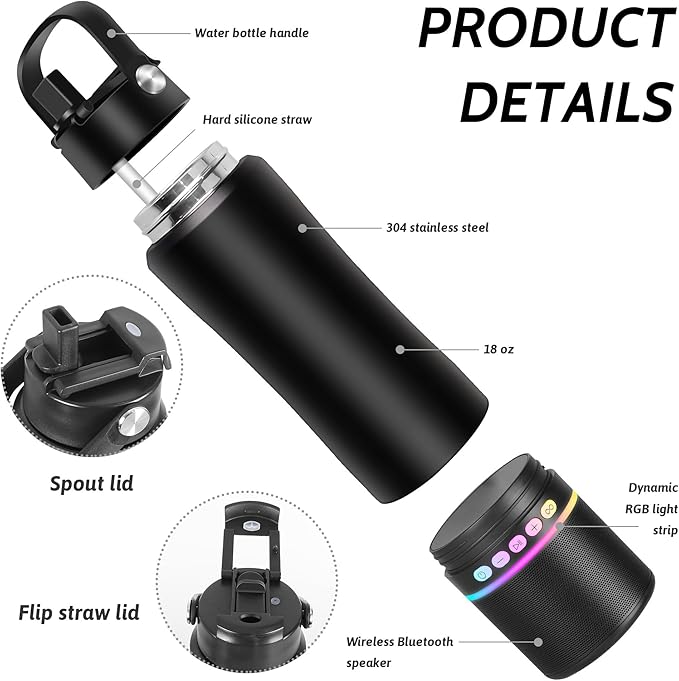 Water Bottle with Portable Bluetooth Speaker - Modular Insulated Water Bottles w/Handle, BT5.3, TWS Pairing Speaker and Stainless Steel Cups for Camping Sports Beach (Black)