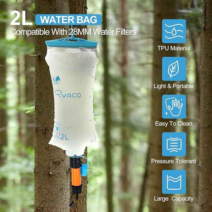 RYACO Water Bag 2L Compatible with Sawyer Squeeze Water Filter, Outdoor Water Container, Water Filter Bag with Durable TPU Material Collapsible Hydration Canteens for Camping Hiking Cycling Fishing