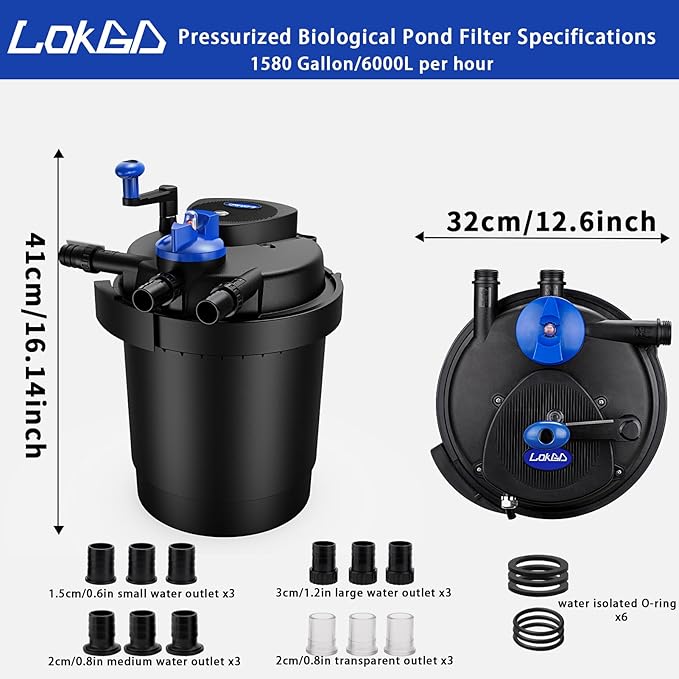 Pressure Biological Pond Filter,1580 GPH Pond Filter with 15W Light,6000L Bio Pressurized Pond Filter for Outdoor Pond Koi Fish Garden Pond Pool