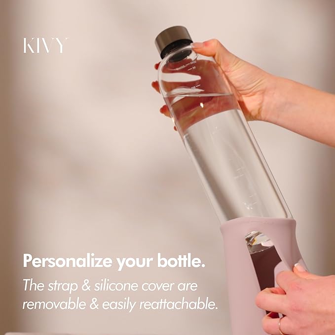 KIVY Glass Water Bottle with Silicone Sleeve 32 oz [WITH MEASUREMENT] - Borosilicate Glass Water Bottle Screw Top - Black Waterbottle Aesthetic - Clear Bottles with Measurement Marking