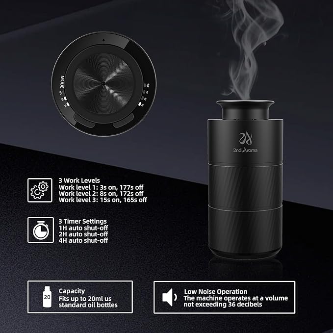 Waterless Essential Oil Diffuser, Aluminum Rechargeable Battery Operated Diffuser, 3 Timer Settings, 3 Mist Levels, 20ml Essential Oil Include, Black Mini Diffuser for Car Home Office Travel