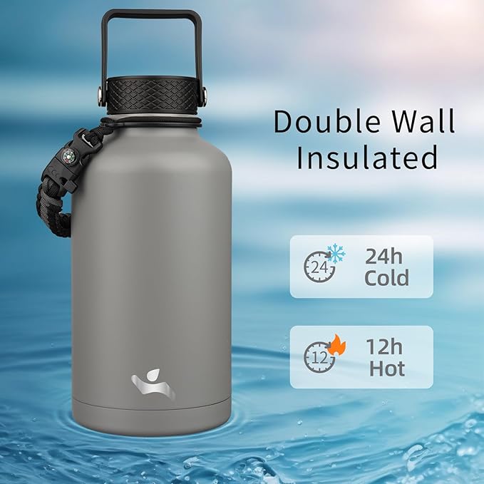 Half Gallon Insulated Water Bottle with Straw,64 oz 3 Lids Water Jug with Carrying Bag,Paracord Handle, Double Wall Vacuum Stainless Steel Metal Flask,Sky (Pack of 2)