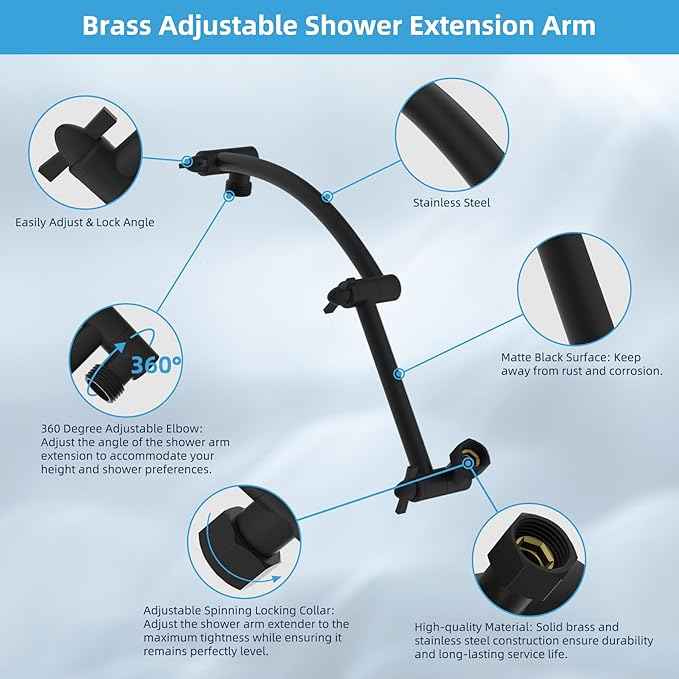 Hibbent All Metal cUPC Certified Rain Shower Head, 12'' High Pressure Rainfall Showerhead with 16" Shower Head Extension Arm, Solid Brass Adjustable Shower Arm Extender, fixed Showerheads, Matte Black