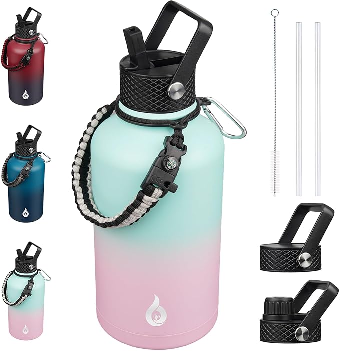 BJPKPK Half Gallon Insulated Water Bottles with 3 Lids and Paracord Strap, 64oz Large, Stainless Steel Water Bottles with Straw Lid, Half Gallon Water Jug,Marshmallow