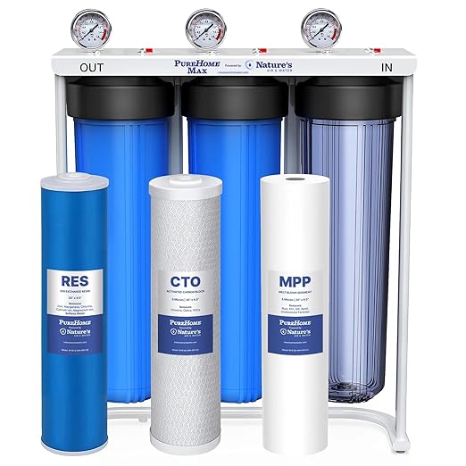 PureHome Max Whole House 3-Stage Water Filtration System – Reduces Chlorine, Heavy Metals & Sediment – High Flow Home Water Filter for City & Well Water