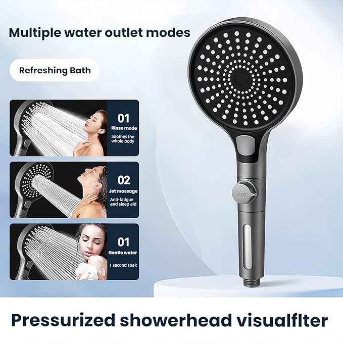 Filtered Handheld Shower Head with Hose and Holder, 5.1" Large High Pressure Shower Wand with 2 Extra Filters, Matte Grey Showerhead Set for Hard Water, 3 Spray Modes & One-Key Pause