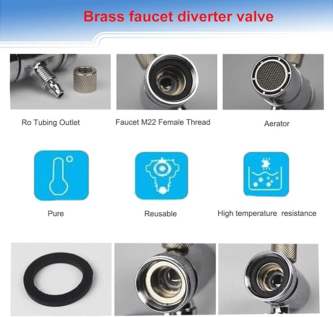 Faucet Diverter Valve with Aerator M22 Female Thread,Faucet Adapter for 3/8" RO Tubing,Faucet Connector for Water Diversion for Countertop water Filter (Fits Two Way 3/8" OD Tubing)