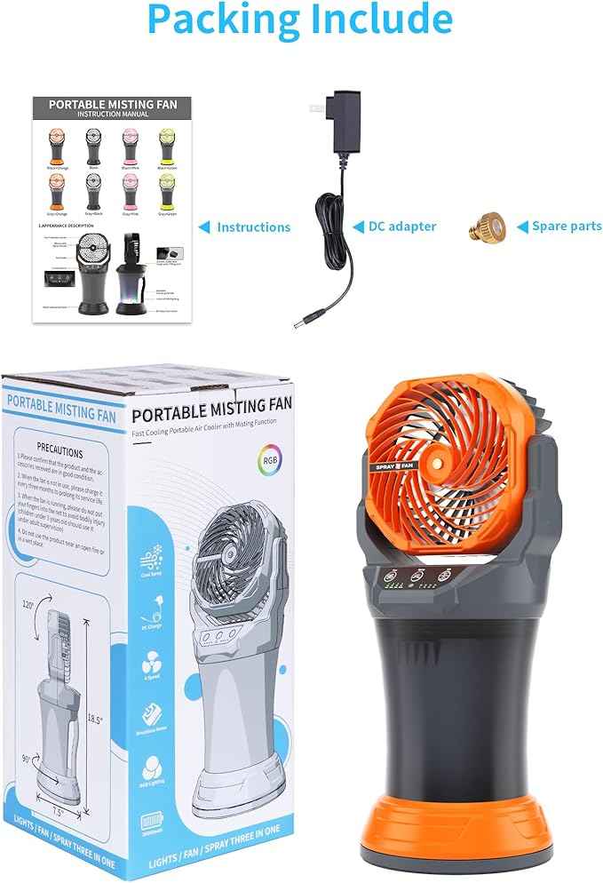 AVV Portable Misting Fan with RGB Ambient Light- 2L Water Tank, 4 Speeds & Spray Mist Fan, 30000mAh Rechargeable Misting Fans for Outdoor/Indoor Fans for Camping, Patio, Garden, Grey-Orange