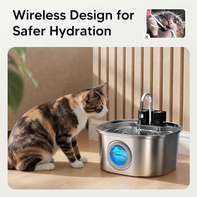 Voluas Stainless Steel Cat Water Fountain: 108oz/3.2L Wireless Cat Fountain Battery Operated for Drinking Indoor, Automatic Pet Water Dispenser Bowl with Ultra Quiet Pump, Easy Clean BPA-Free, 4Filter