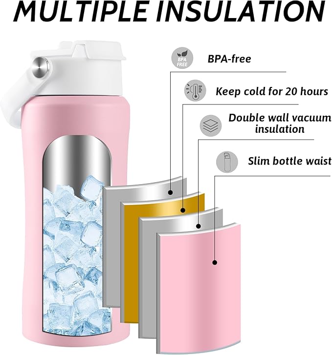 Water Bottle with Portable Bluetooth Speaker - Modular Insulated Water Bottles w/Handle, BT5.3, TWS Pairing Speaker and Stainless Steel Cups for Camping Sports Beach (Pink)