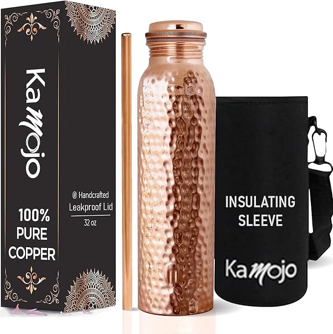 Copper Water Bottle for Drinking - Hammered Pure Copper Tumbler Cup with Leak Proof Lid, Removable Insulating Sleeve & Straw - Handcrafted Ayurvedic Cup for Water 32 fl oz