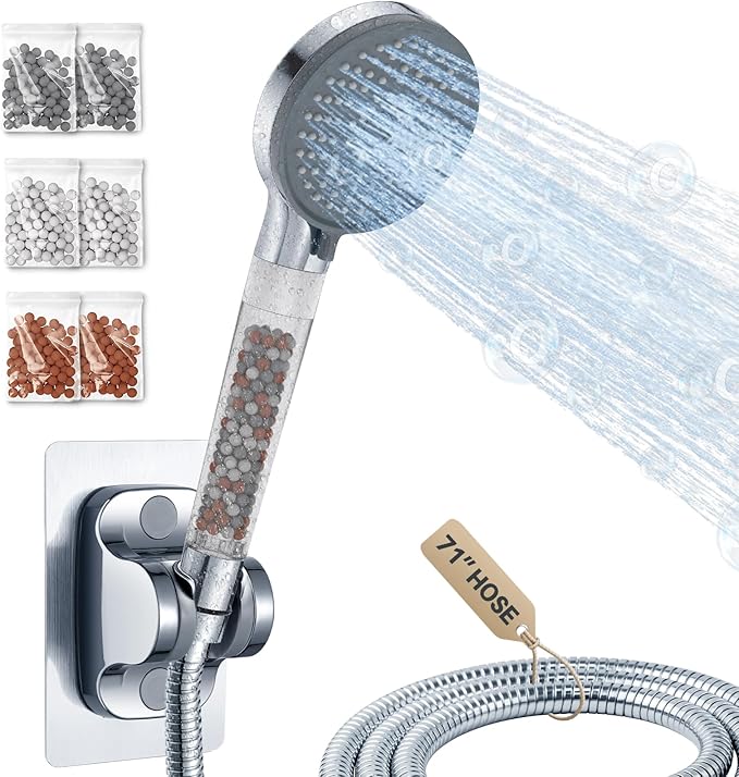 YDmeet Filtered Handheld Showerhead with Shower Holder Set, 3-Mode Spray Setting, Long Metal Hose, Extra 6 Packs Replacement Mineral Balls for Refills, Chrome - AquaVibe