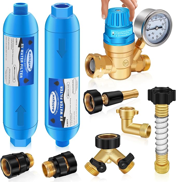 Boltigen RV Water Pressure Regulator Kit, RV Fresh Water Hose Kit with Inline Water Filter, Brass Elbow, Hose Splitter, Hose Quick Connects, Flexible Connector, 3/4'' GHT Leak Repair Kit for RV Camper