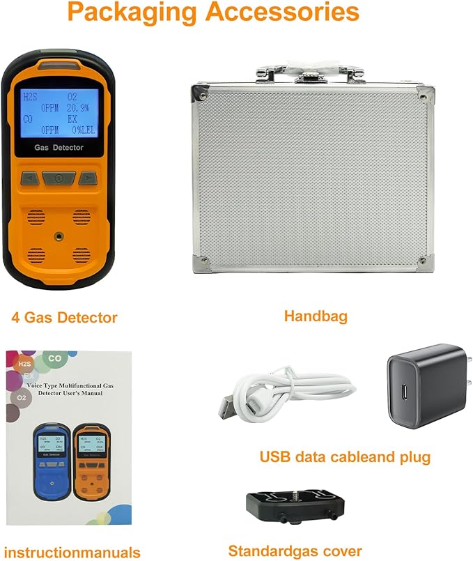 Upgraded 4 Gas Monitor Multi Gas Detector, Yfwsrecinoe Gas Leak Detector, Rechargeable 4 Gas Monitor Ex H2s Co O2 with LCD Multiple Indicator (Orange)
