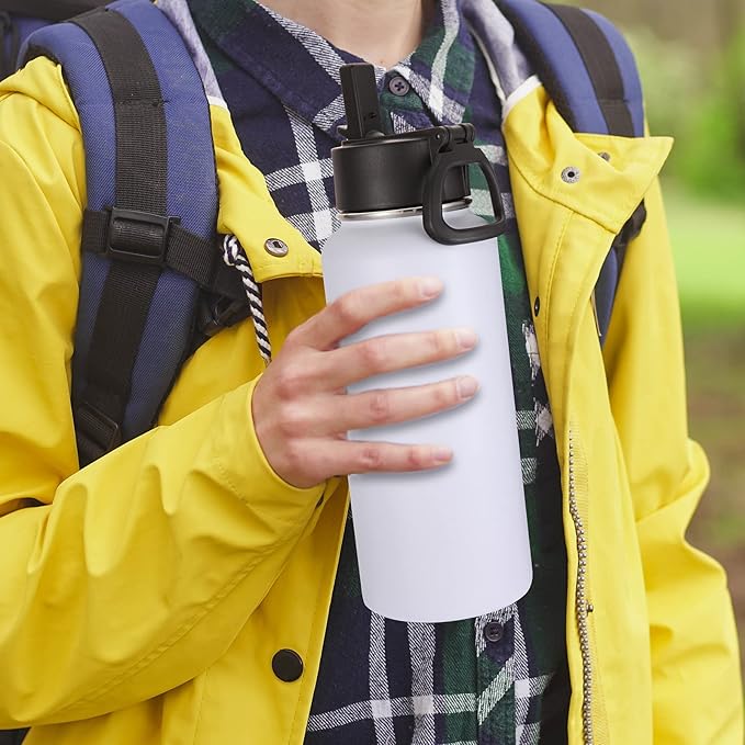 Volhoply 32 oz Water Bottles Bulk 2 Pack with Straw Lid & Spout Lid,Insulated Sports Water Bottle,Double Wall Vacuum Stainless Steel Cups,Leakproof Wide Mouth Metal Flask for Travel(White,2)