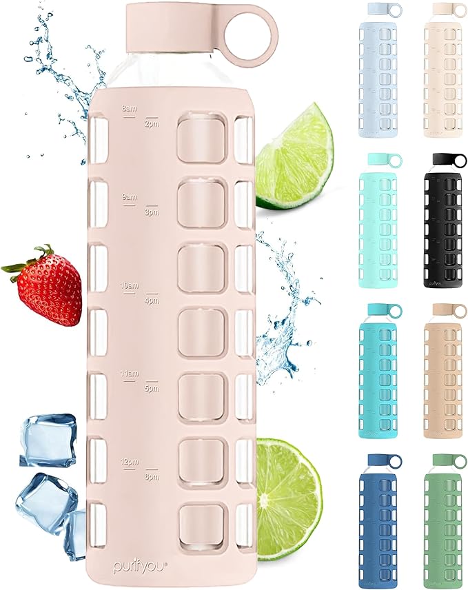 purifyou 40oz / 32oz / 22oz / 12oz Borosilicate Glass Water Bottle with Time & Volume Markers, Silicone Sleeve, Stainless Steel Lid | Reusable Glass Bottle for Water & Juice (32oz Hazelnut)
