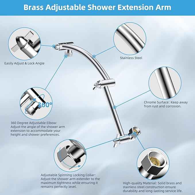 Hibbent All Metal cUPC Certified Rain Shower Head, 10'' High Pressure Rainfall Showerhead with 16" Shower Head Extension Arm, Solid Brass Adjustable Shower Arm Extender, fixed Showerheads, Chrome