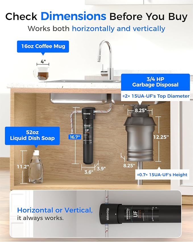 Waterdrop 15UA-UF Ultra Filtration Under Sink Water Filter System and Waterdrop RF15-UF 0.01 Micron Replacement Filter Cartridge for 15UA/15UA-UF/15UB/15UB-UF/15UC/15UC-UF Under Sink Water Filter