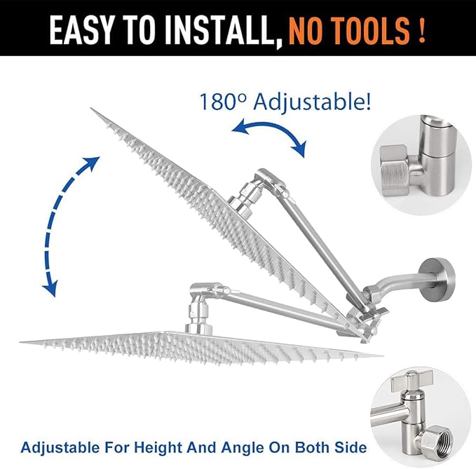 HarJue High Pressure Large Stainless Steel Square Rain ShowerHead With Shower Arm Waterfall Full Body Coverage Easy to Clean and Install (12 Inch With Arm, Brushed Nickel)