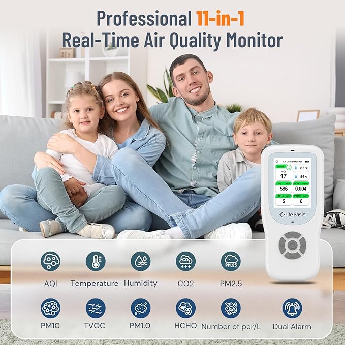 LifeBasis Air Quality Monitor Indoor, 11-in-1 Air Quality Detector with Stand, Real-Time Air Meter Test AQI, PM1.0, PM2.5, PM10, CO2, TVOC, HCHO, Particles, Temperature and Humidity with Alert -White
