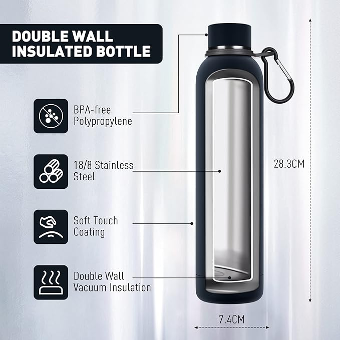 Exllena Slim Insulated Water Bottles for Travel 25oz with Clip, Double Wall Vacuum Stainless Steel Water Bottle Keeps Drinks Cold 24 Hrs/Hot 12 Hrs, 100% Leakproof, BPA Free(Black)