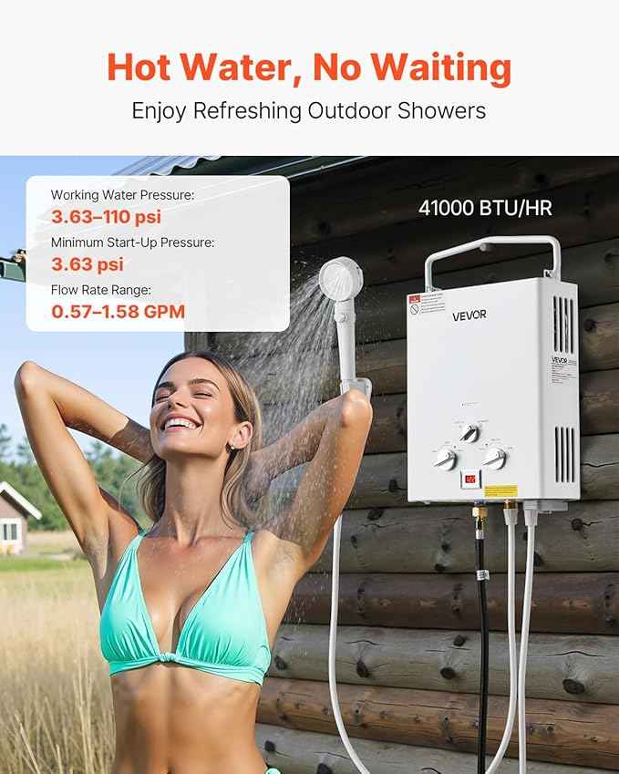 VEVOR 6L Portable Propane Water Heater, 41000 BTU 1.58 GPM Tankless Outdoor Instant Hot Water Heater, LED Screen, Overheat Protection with Accessory Set + Regulator for RV Camping Trips Cabins Barns