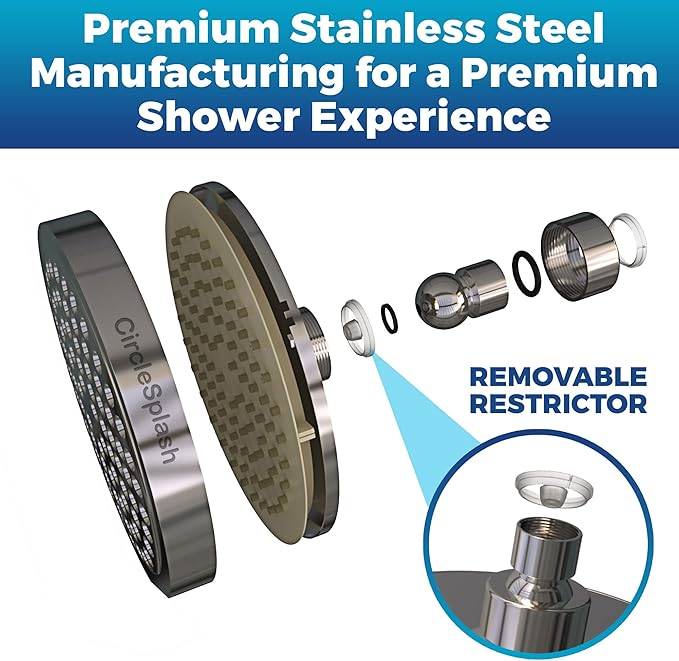 High Pressure Shower Head - Anti-Clogging Silicone Nozzles - 2.5 GPM Removable Restrictor - Easy to Clean Adjustable Replacement - easy to install with Plumbers Tape - 6 inch - Classic Chrome Finish - AquaVibe