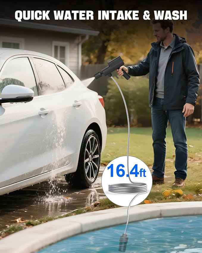 Foldable Cordless Pressure Washer with Battery & Car Charger, 249PSI Portable Power Washer Gun with 16.4 FT Hose & 5-in-1 Nozzle Handheld High Pressure Cleaner for Car Bicycles Camping Patio