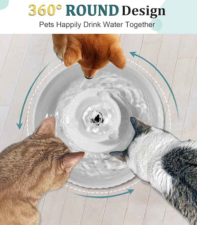 Ceramic Cat Water Fountain, Pet Ceramic Water Fountain Dispenser, 2.1 L Drinking Fountains Bowl for Cats and Dogs with Replacement Filters and Foam(White)