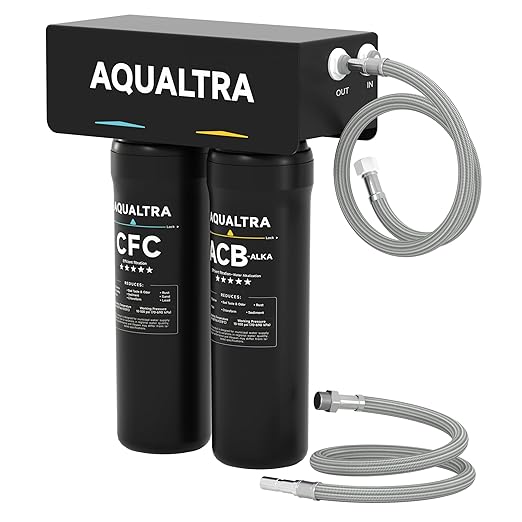 AQUALTRA USF-2B-10 Slightly Alkaline Under Sink Water Filtration System, 20000 Gallons Under-Sink Water Filter, 0.5 μm Carbon Fiber Filter Reduces Chlorine, Chloramine, Fluoride, Bad Taste & Odor