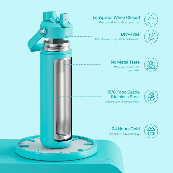 ENCOOL Insulated Water Bottle with Straw Stainless Steel Water Bottle, Leak-Proof, BPA-Free, Double Wall Vacuum Keeps Cold for 24 Hours for Sports, Travel, School (26 oz, Aquamarine Blue)