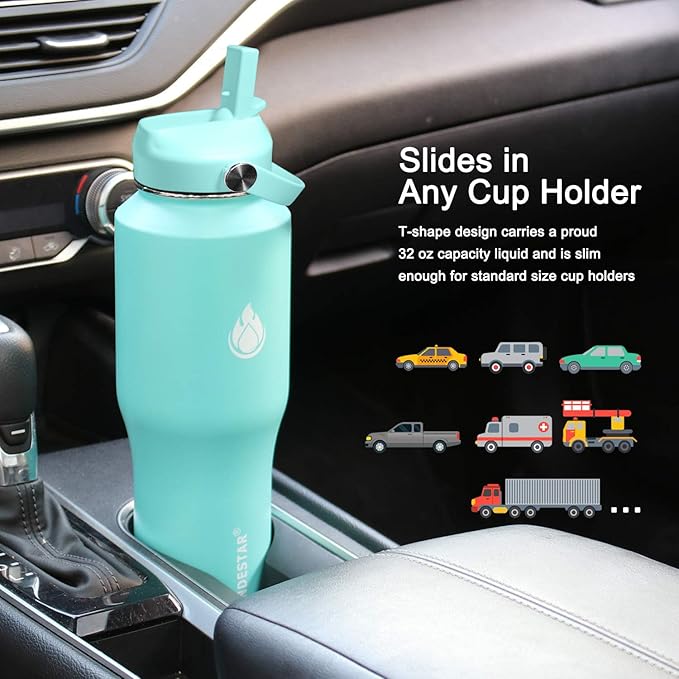 SENDESTAR Water Bottle,Wide Mouth Stainless Steel Vacuum Insulated Double Wall Keep Liquids Cold or Hot All Day,Sweat Proof Sport Design,Fit Car Cup Holder,Mint,32 Ounces