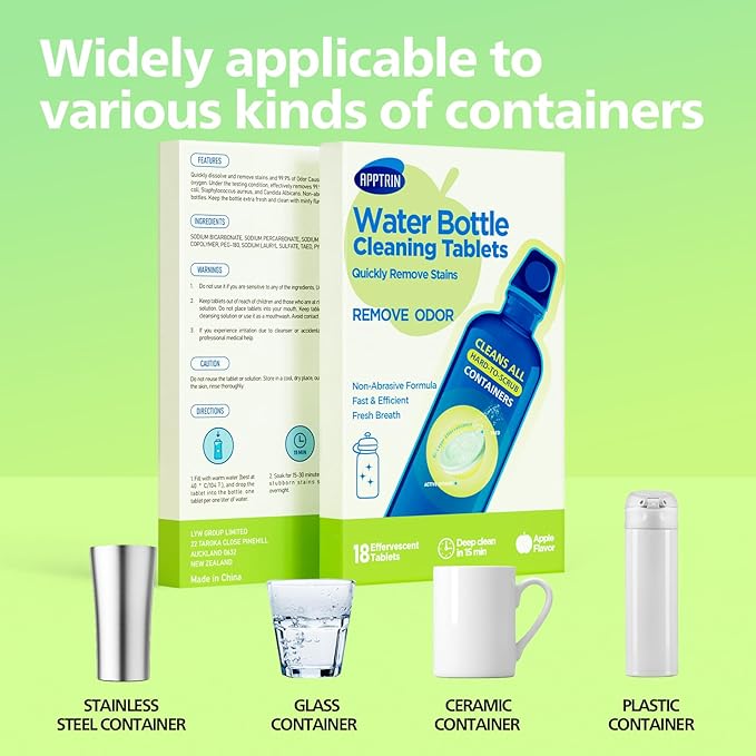 Water Bottle Cleaning Tablets, 18 Pack Bottle Clean Tablet Hydration Bladder Cleansing Tablets for Hydration Bladder, Water Bottle, Individually Packed, Apple Flavor