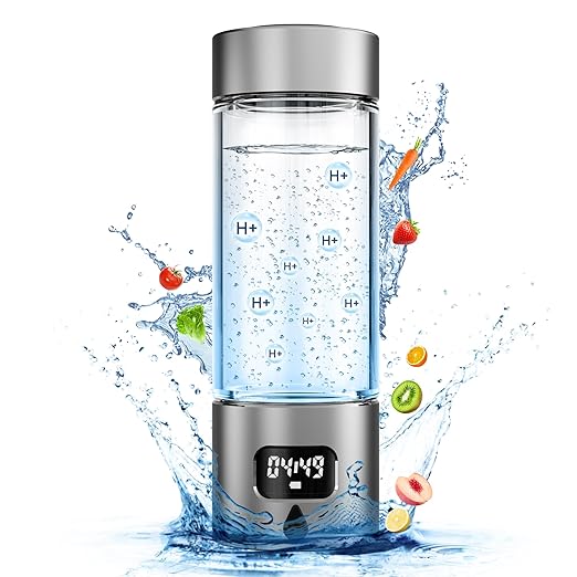 Hydrogen Water Bottle - Portable, Rechargeable, LED Timer, Aluminum and Glass, 5000 PPB Hydrogen in 10 Minutes, 340ml Capacity, for Travel, Sports, Home, Office(Grey)