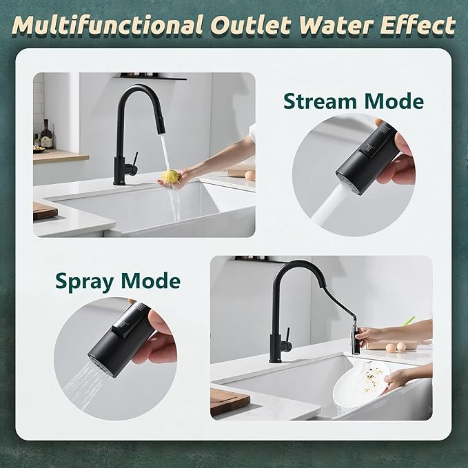 APPASO Black Kitchen Faucet, Modern Kitchen Faucet with Pull Down Sprayer Matte Black, Single-Handle High Arc Gooseneck Modern Kitchen Sink Faucet with Deck Plate APS202-BS