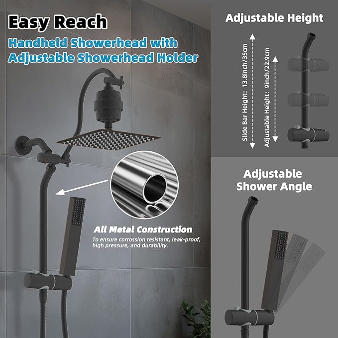 Hibbent All Metal 10'' Filtered Rainfall Shower Head, High Pressure Showerhead combo with 4-mode Handheld Spray, 12'' Extension Arm, Extension Bar with Holder, Shower Filter, Oil Rubbed Bronze