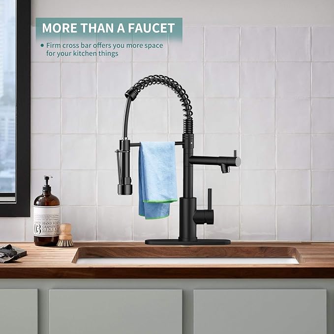 Commercial Pull-Down Kitchen Sink Faucet - Single Handle, Dual Spout, Stainless Steel, with Countertop & Sprayer (Black-03)