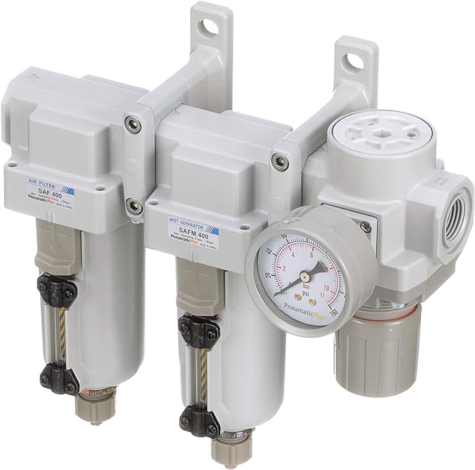 PneumaticPlus SAU430-N04G-MEP 3 Stage Compressed Air Filter Dryer System - Particulate Air Filter, Coalescing Air Filter, Compressed Air Pressure Regulator Combo, 1/2" NPT - Metal Bowl, Manual Drain - AquaVibe