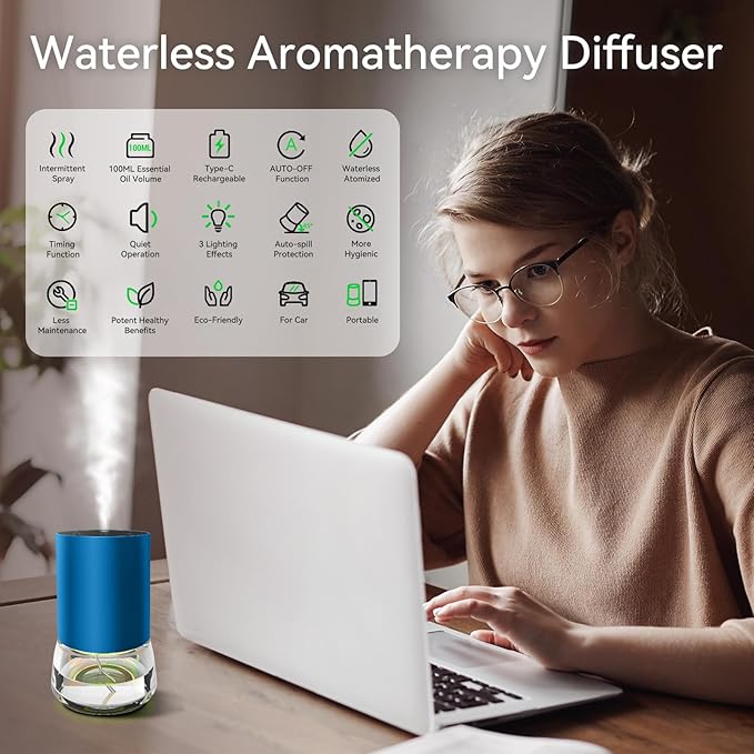 Waterless Essential Oil Diffuser 100ML Large Capacity Battery Operated Cordless Aromatherapy Diffuser with Timing & 3 Mist Levels car Diffuser 7 Colour Led Lights (Blue)