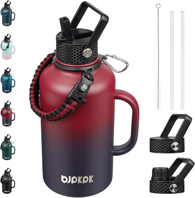 BJPKPK Half Gallon Insulated Water Bottles with Straw Lid & Side Handle, 64oz Large, Stainless Steel Water Bottles with 3 Lids and Paracord Strap, Metal Water Jug,Charming Red