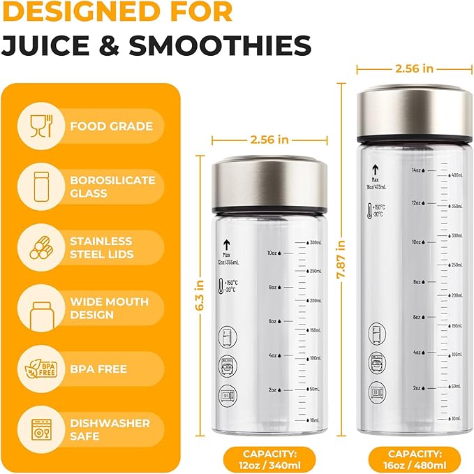 Sursip Glass Juice Bottles 6 Pack 12 oz – Wide Mouth Borosilicate Glass Bottles with Lids – Heat-Resistant, Leakproof, BPA Free, Reusable for Juicing, Smoothies, Milk, Protein Drinks, Water